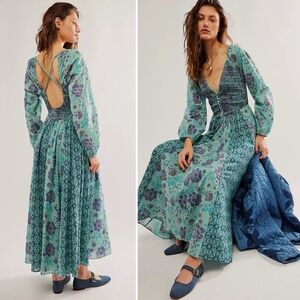 NEW SOLD OUT Free People A New Way Teal Combo Maxi Dress NWT L